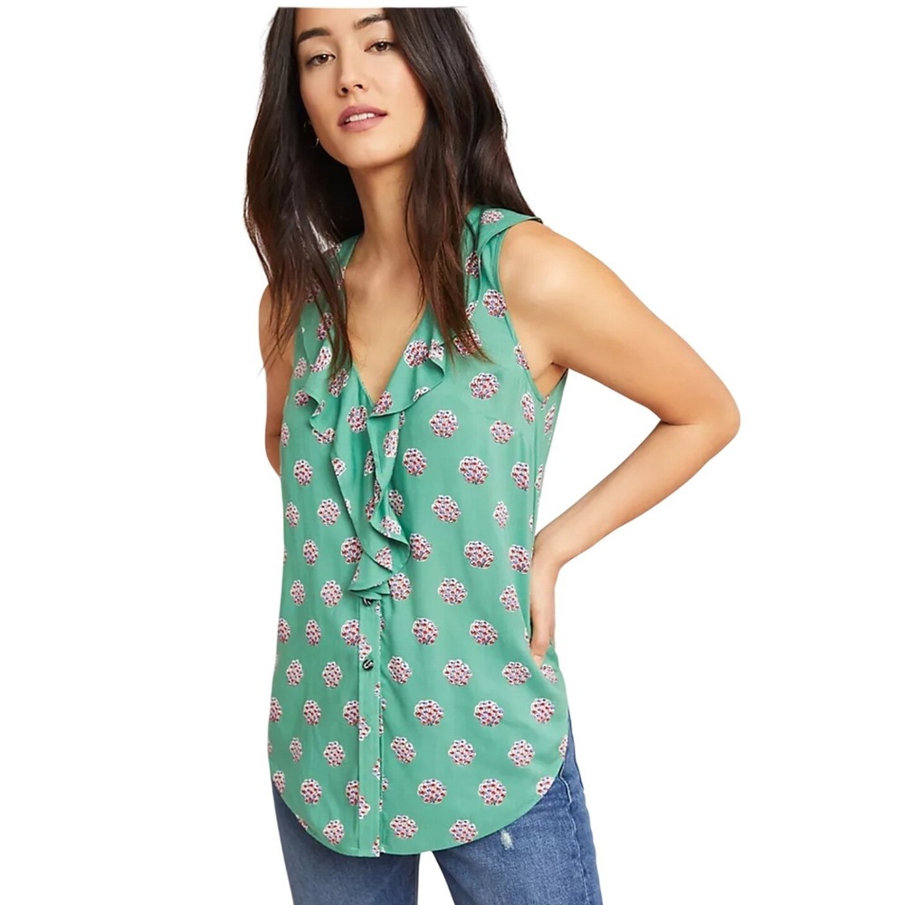 Maeve Anthropologie Dottie Ruffled Top Green Shell Print Sleeveless Blouse 4